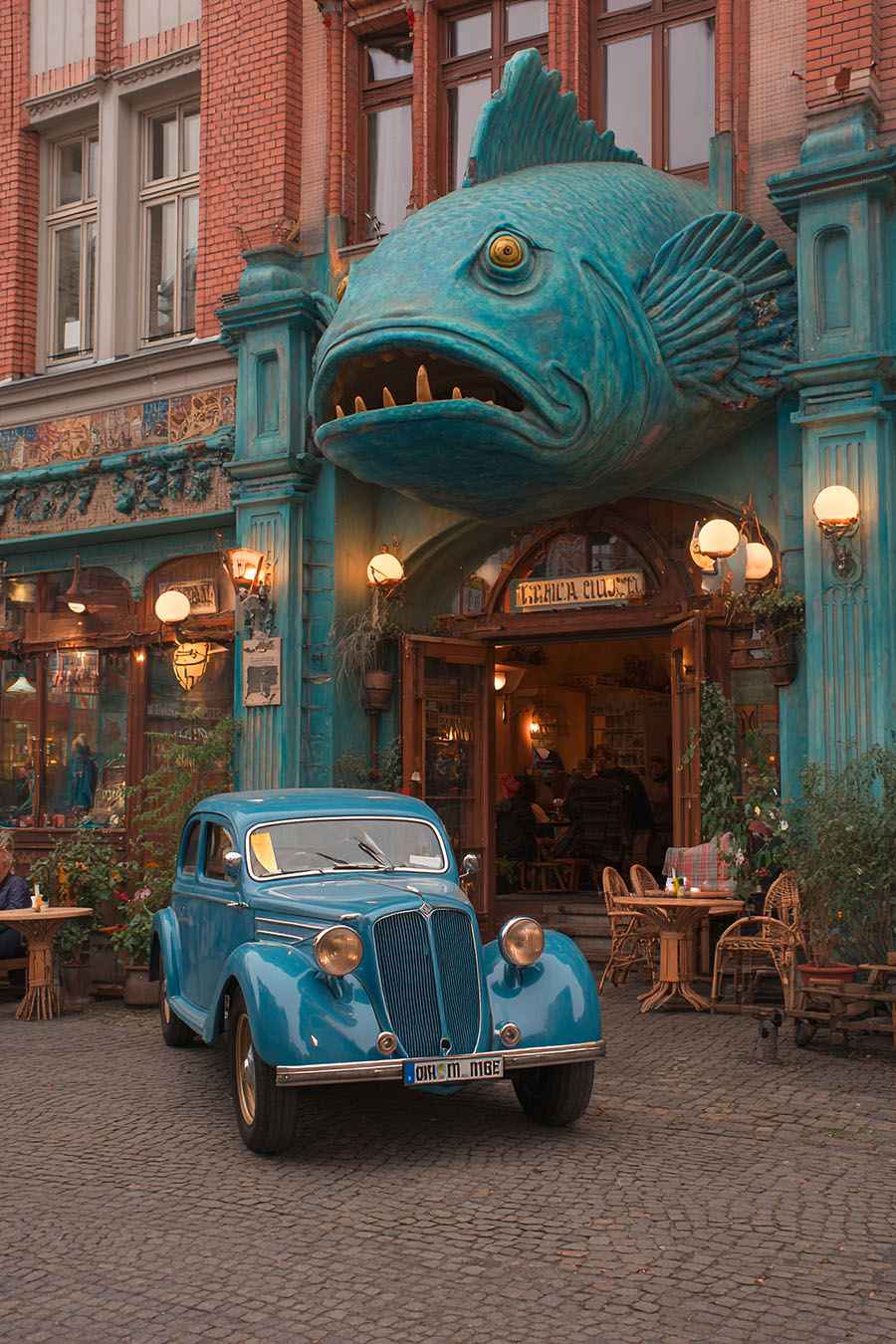 KI-generiertes Bild mit Oldtimer und blauem Fisch an einem Gebäude